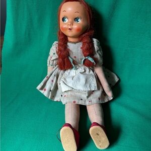 Vintage 1960’s cloth doll celluloid face distressed German looking 14”